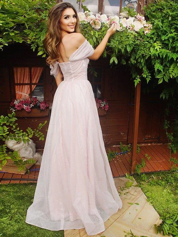 A-Line/Princess Ruched Off-the-Shoulder Short Sleeves Sweep/Brush Train Dresses