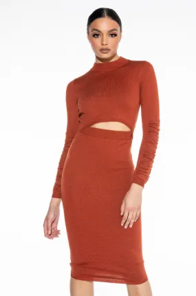 ALL THE RIGHT PLACES RUCHED BACK SWEATER DRESS rust