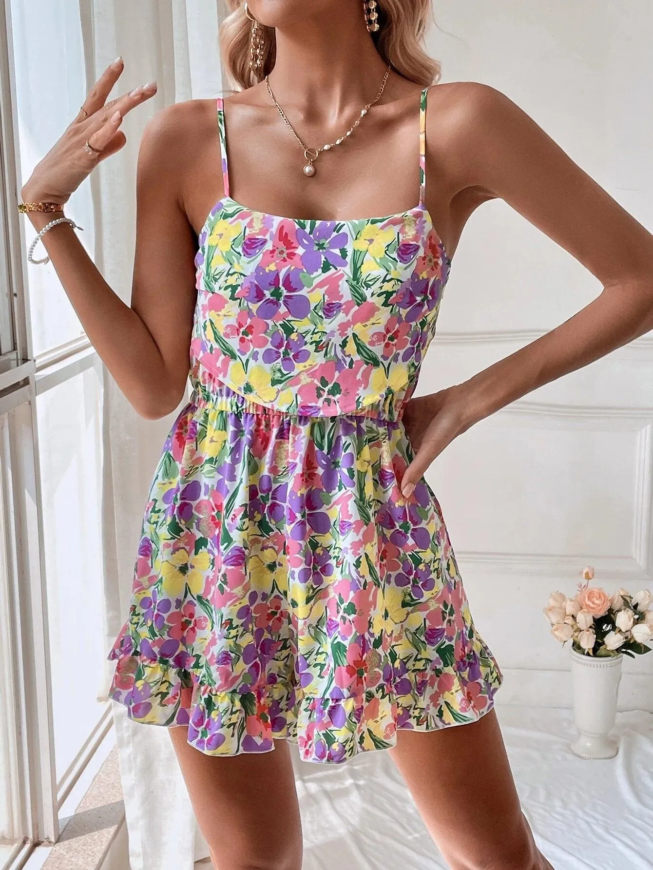 Allover Floral Print Ruffle Hem Cami Romper