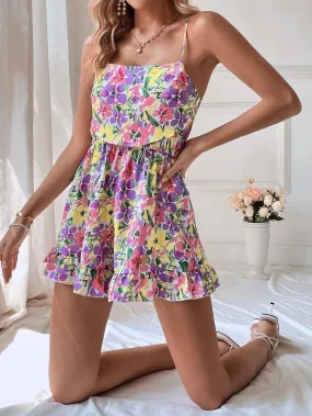 Allover Floral Print Ruffle Hem Cami Romper