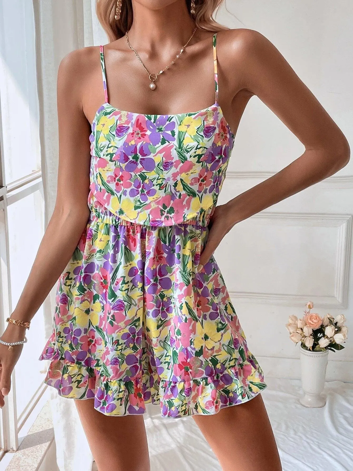 Allover Floral Print Ruffle Hem Cami Romper