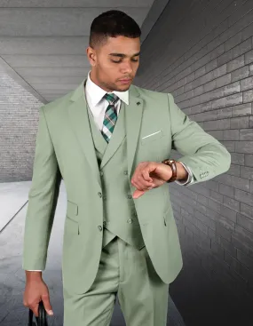 APPLE GREEN SOLID COLOR SUIT. 3PC MODERN FIT FLAT FRONT PANTS WITH DOUBLE BREASTED VEST. SUPER 180'S ITALIAN WOOL | ZARGALA-Apple Green