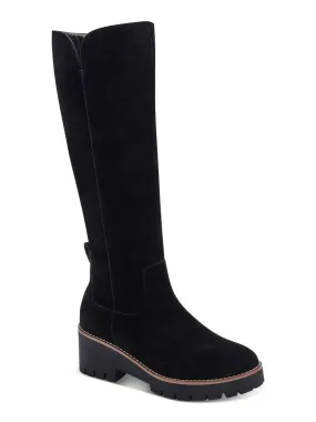 AQUA COLLEGE Womens Black Waterproof Slip Resistant Dash Round Toe Block Heel Zip-Up Suede Riding Boot M