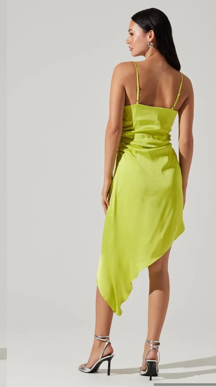 ASTR Lime Asymmetrical Side Ruched Cowl Neck Midi Spring Dress