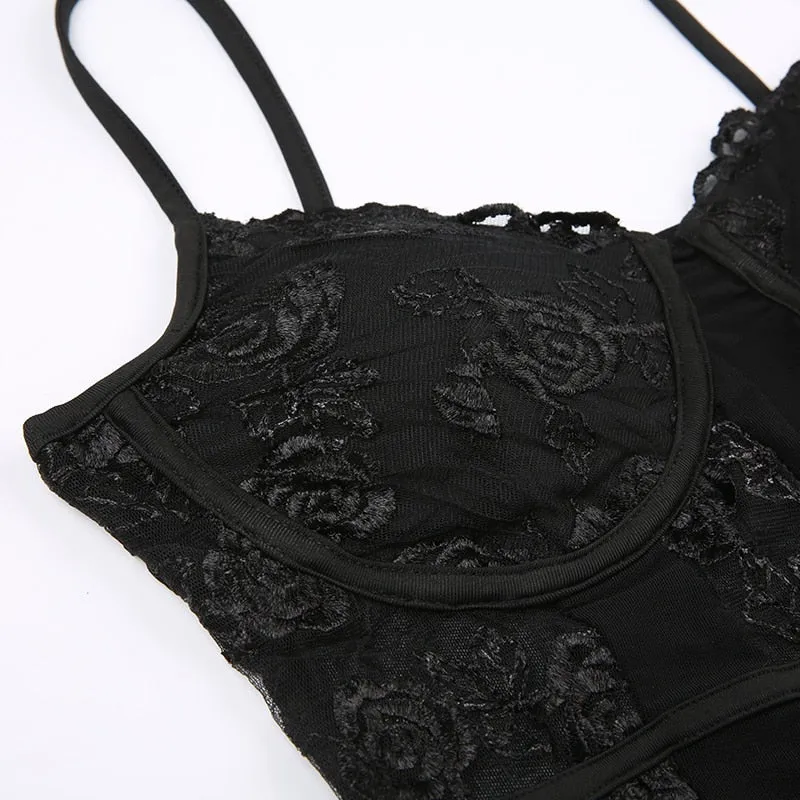 Black Floral Lace Mesh Patchwork Bodysuit