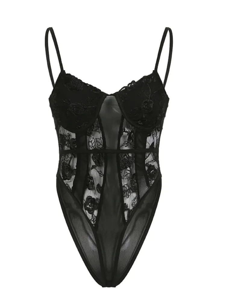 Black Floral Lace Mesh Patchwork Bodysuit