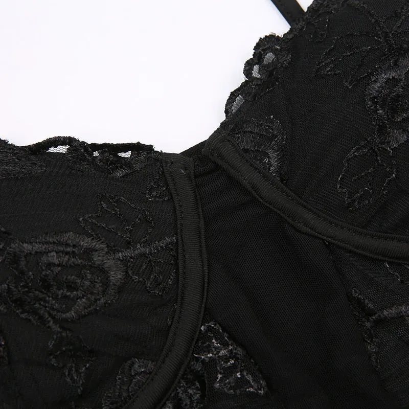 Black Floral Lace Mesh Patchwork Bodysuit