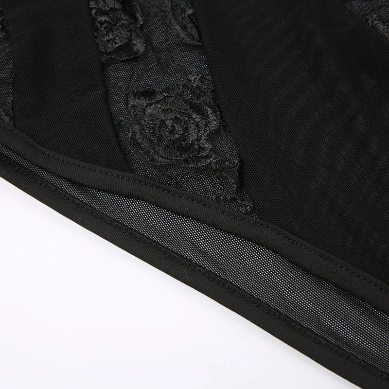 Black Floral Lace Mesh Patchwork Bodysuit