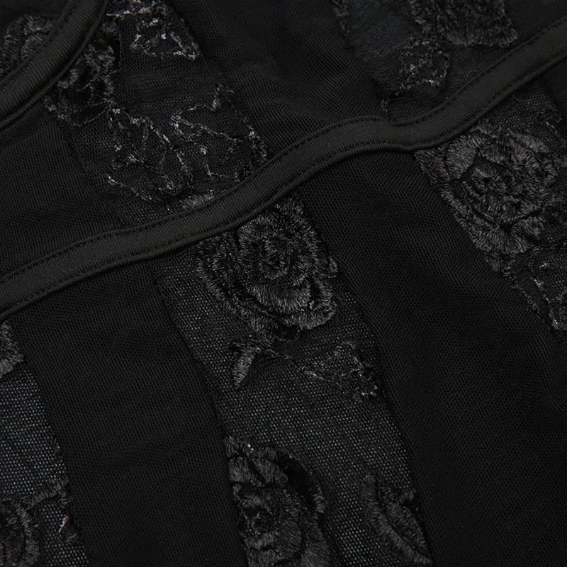 Black Floral Lace Mesh Patchwork Bodysuit