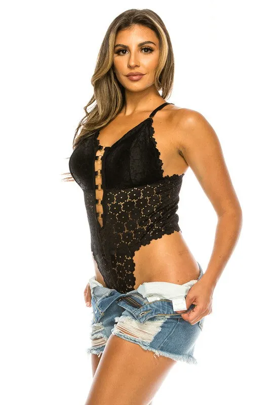 Black Floral Pattern Lace Bodysuit with Strap Detail