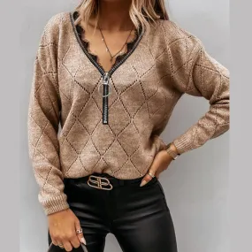 Black Lace Patchwork Zipper Sweater