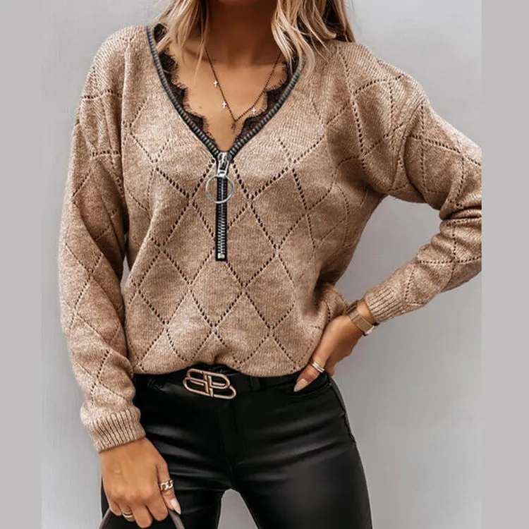Black Lace Patchwork Zipper Sweater