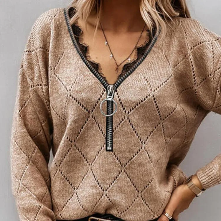 Black Lace Patchwork Zipper Sweater