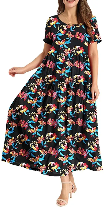 Black Multi Flower Women Casual Loose Bohemian Floral Dress with Pockets Short Sleeve Long Maxi Summer Beach Swing Dress - Yesno