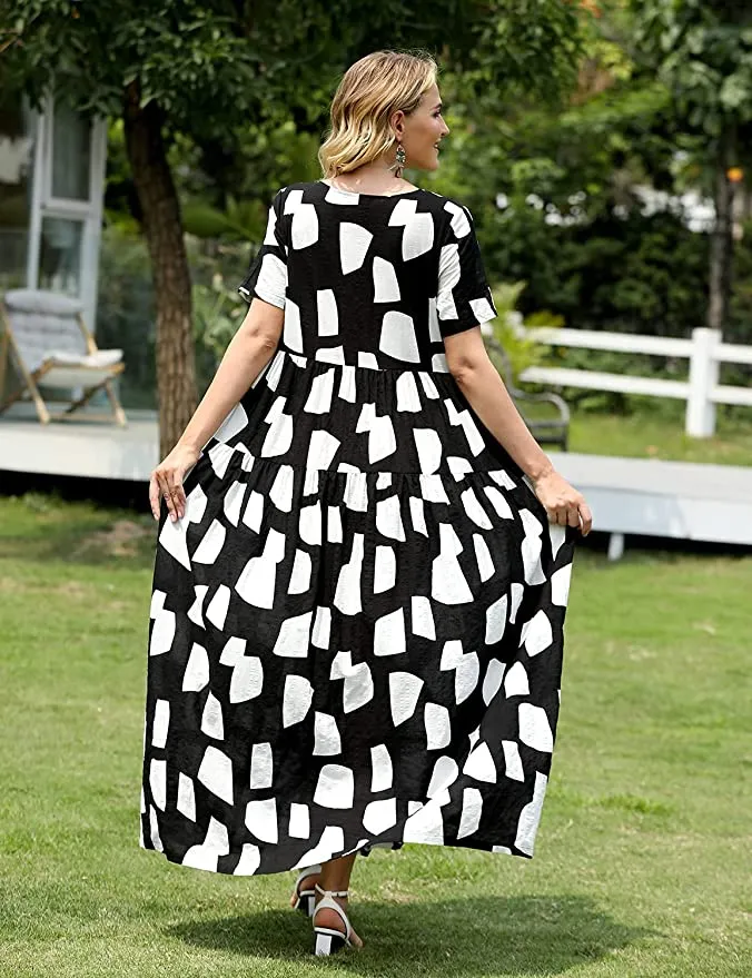 Black Multi Flower Women Casual Loose Bohemian Floral Dress with Pockets Short Sleeve Long Maxi Summer Beach Swing Dress - Yesno