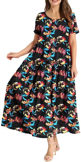 Black Multi Flower Women Casual Loose Bohemian Floral Dress with Pockets Short Sleeve Long Maxi Summer Beach Swing Dress - Yesno