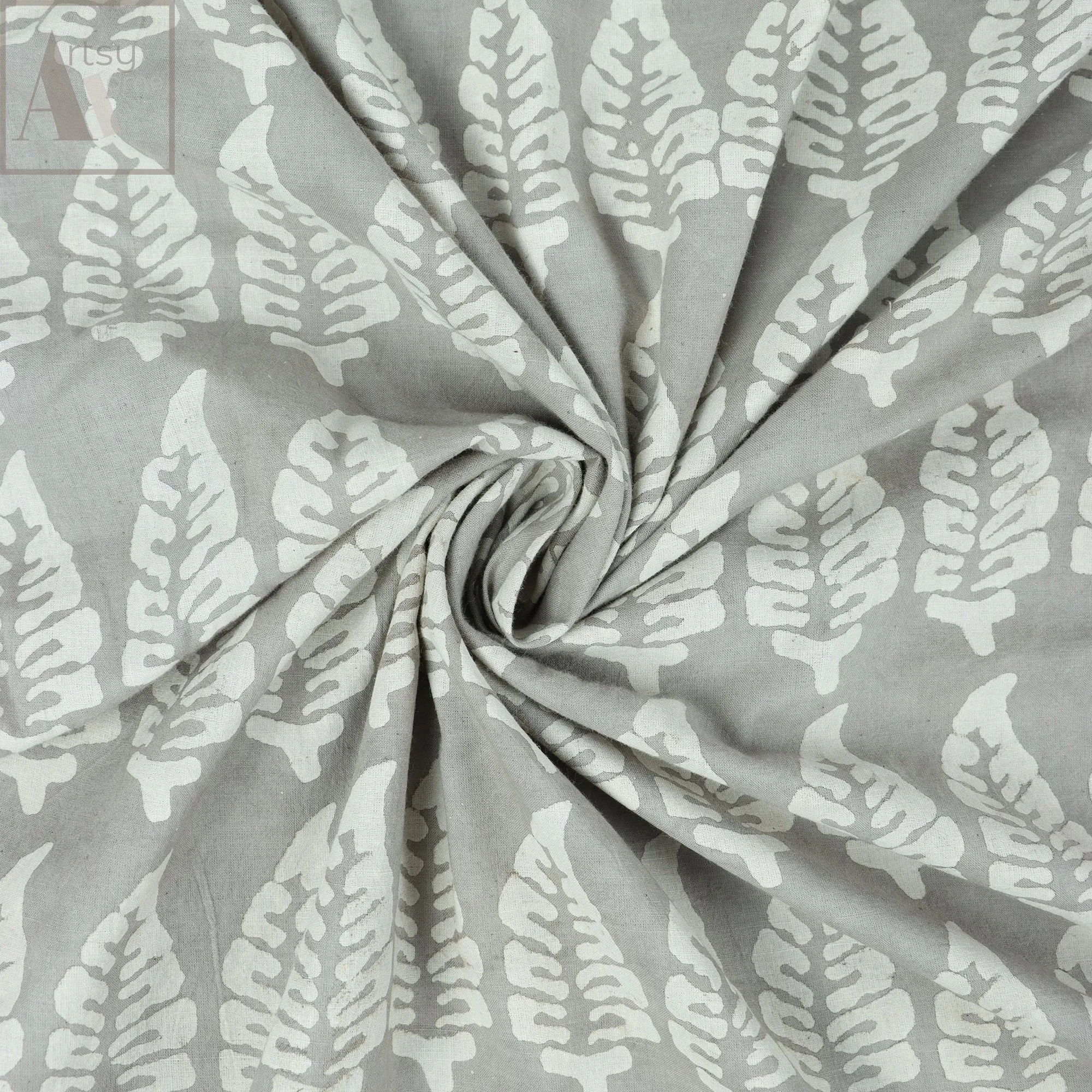 Block Leaf Printed Soft Cotton Dabu Fabric