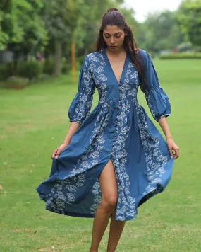 Blue Floral Block Printed Front Slit Cotton Dress-Mon