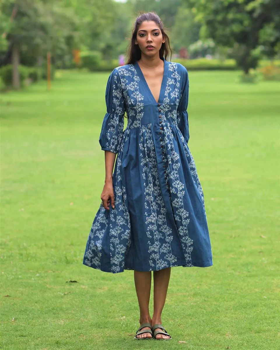 Blue Floral Block Printed Front Slit Cotton Dress-Mon