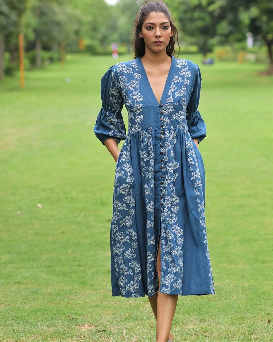 Blue Floral Block Printed Front Slit Cotton Dress-Mon