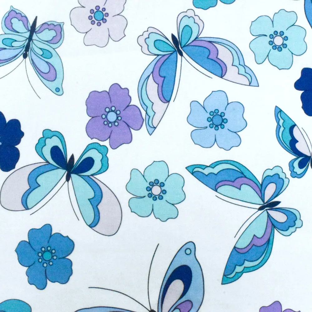 Blue-White-Multi Floral Print Stretch Cotton Poplin Woven Fabric