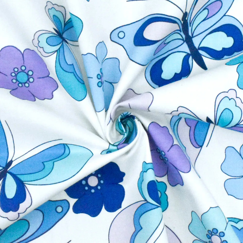 Blue-White-Multi Floral Print Stretch Cotton Poplin Woven Fabric