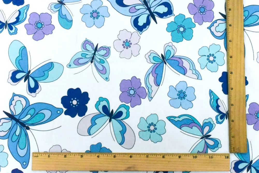 Blue-White-Multi Floral Print Stretch Cotton Poplin Woven Fabric