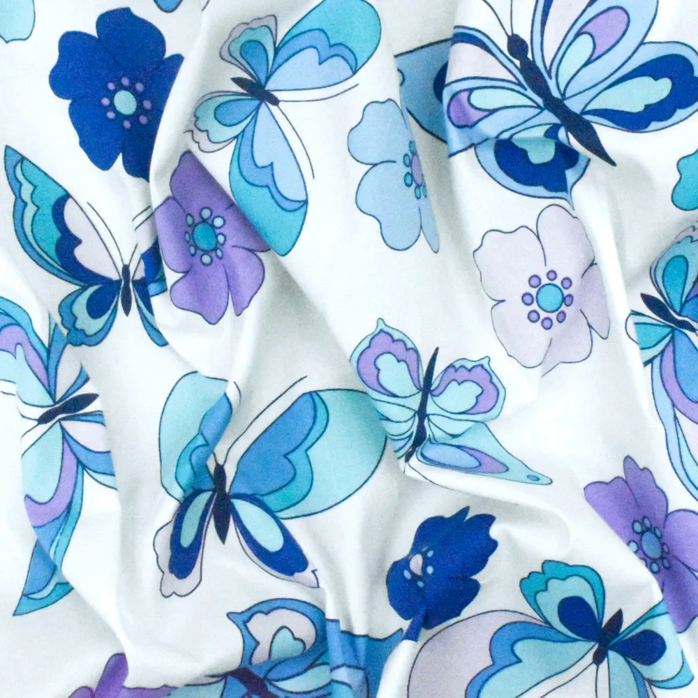 Blue-White-Multi Floral Print Stretch Cotton Poplin Woven Fabric
