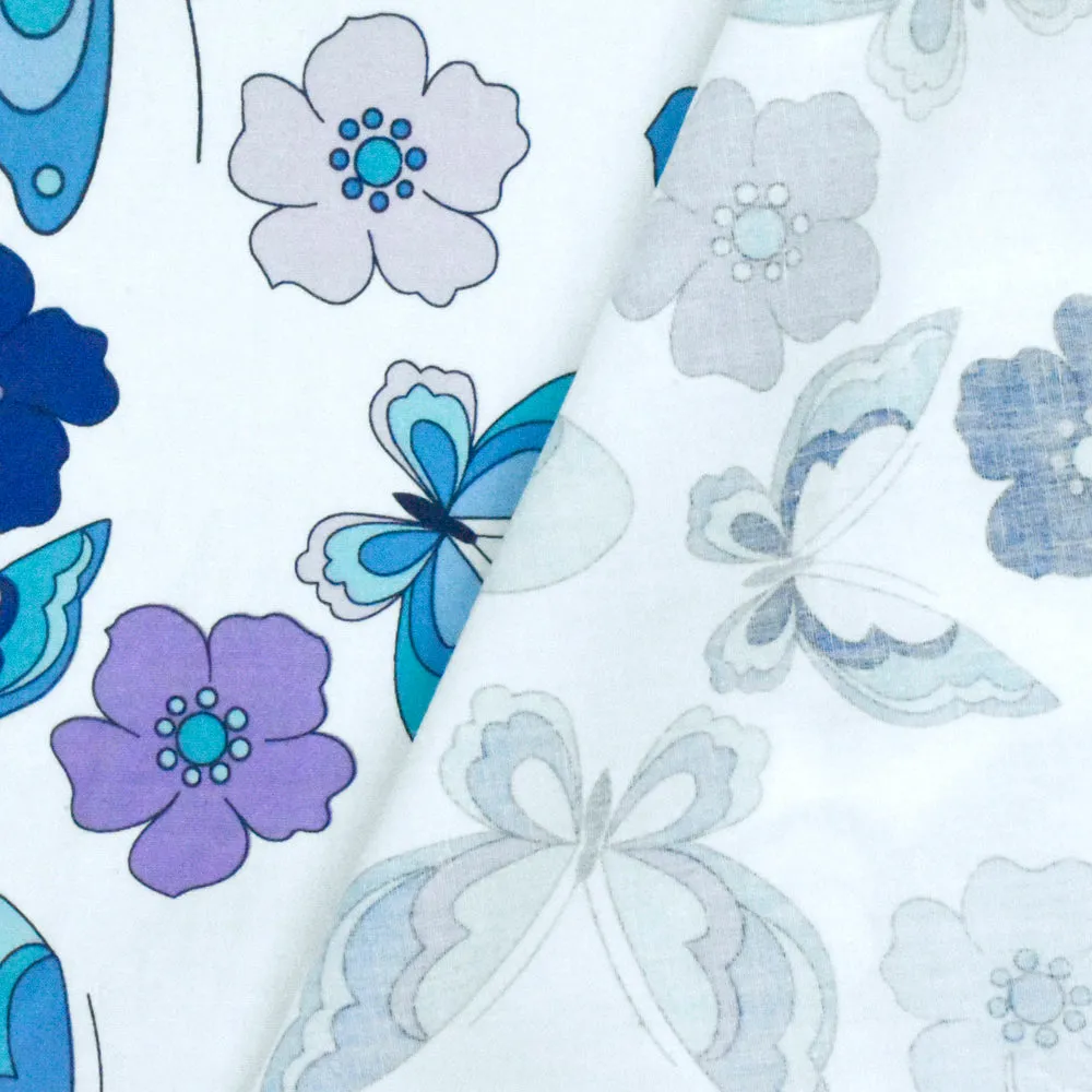 Blue-White-Multi Floral Print Stretch Cotton Poplin Woven Fabric