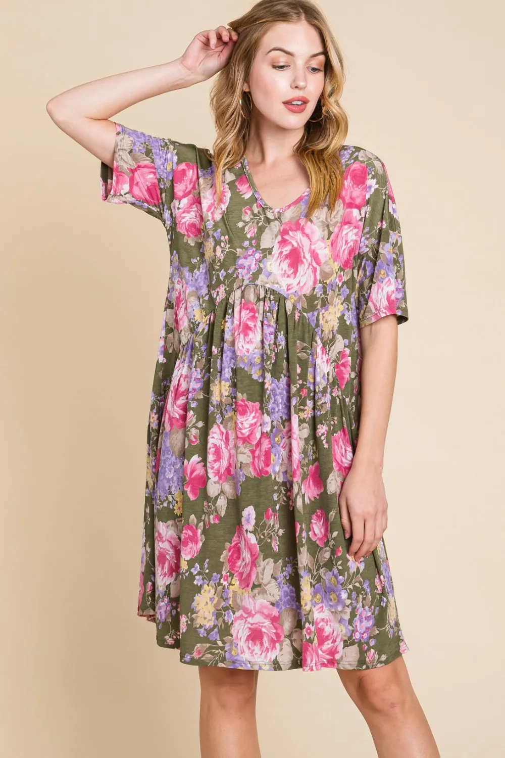 Blue Zone Planet |  BOMBOM Flower Print V-Neck Ruched Dress