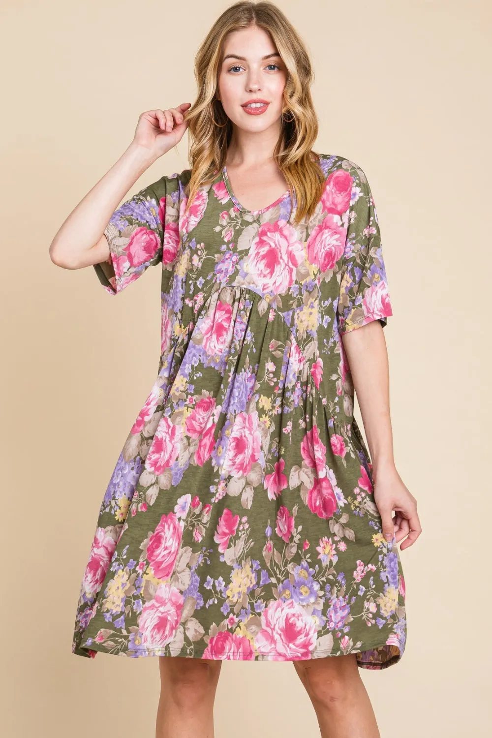 Blue Zone Planet |  BOMBOM Flower Print V-Neck Ruched Dress