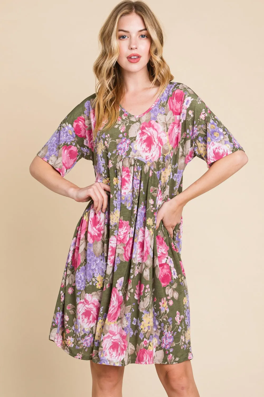 Blue Zone Planet |  BOMBOM Flower Print V-Neck Ruched Dress