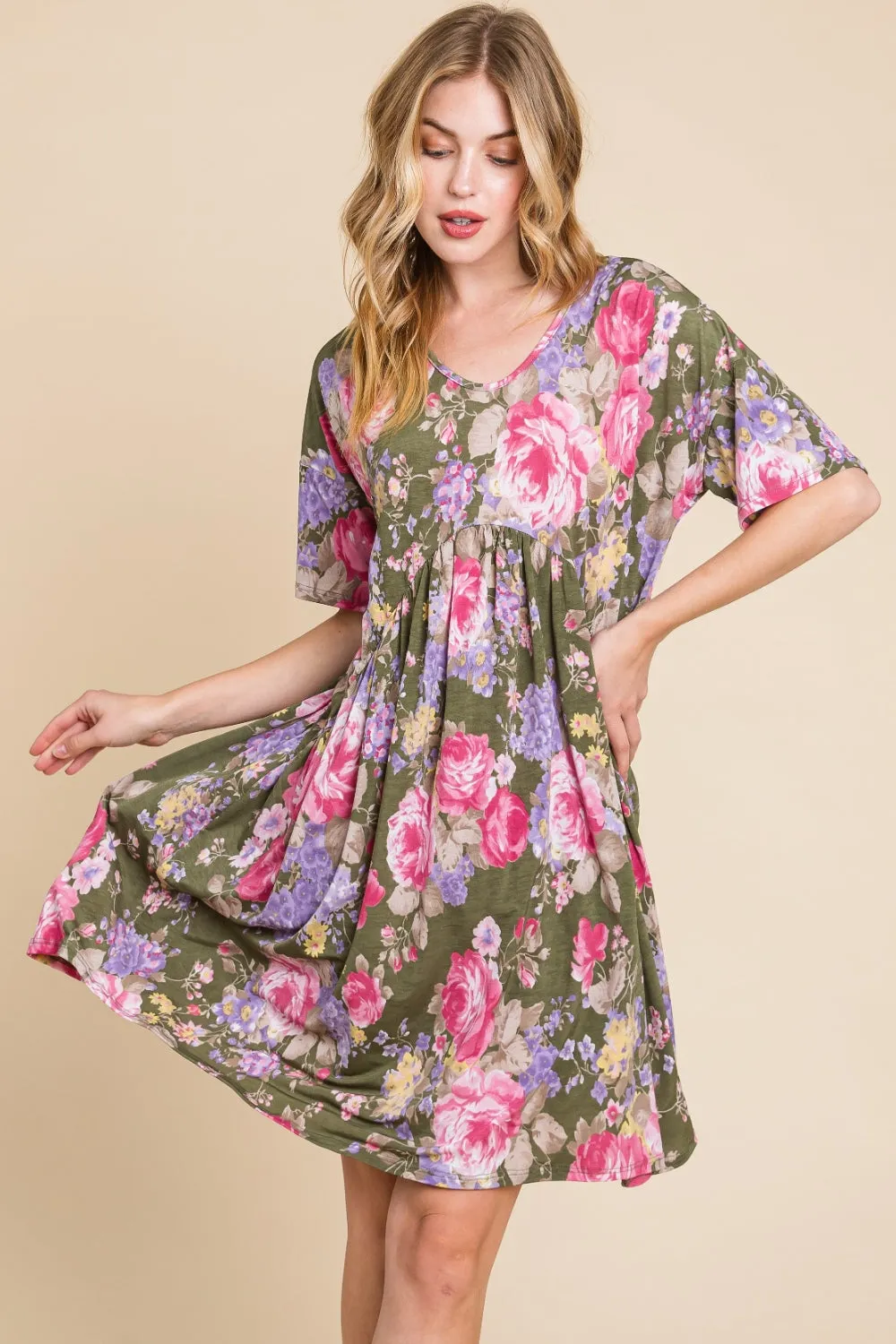 Blue Zone Planet |  BOMBOM Flower Print V-Neck Ruched Dress