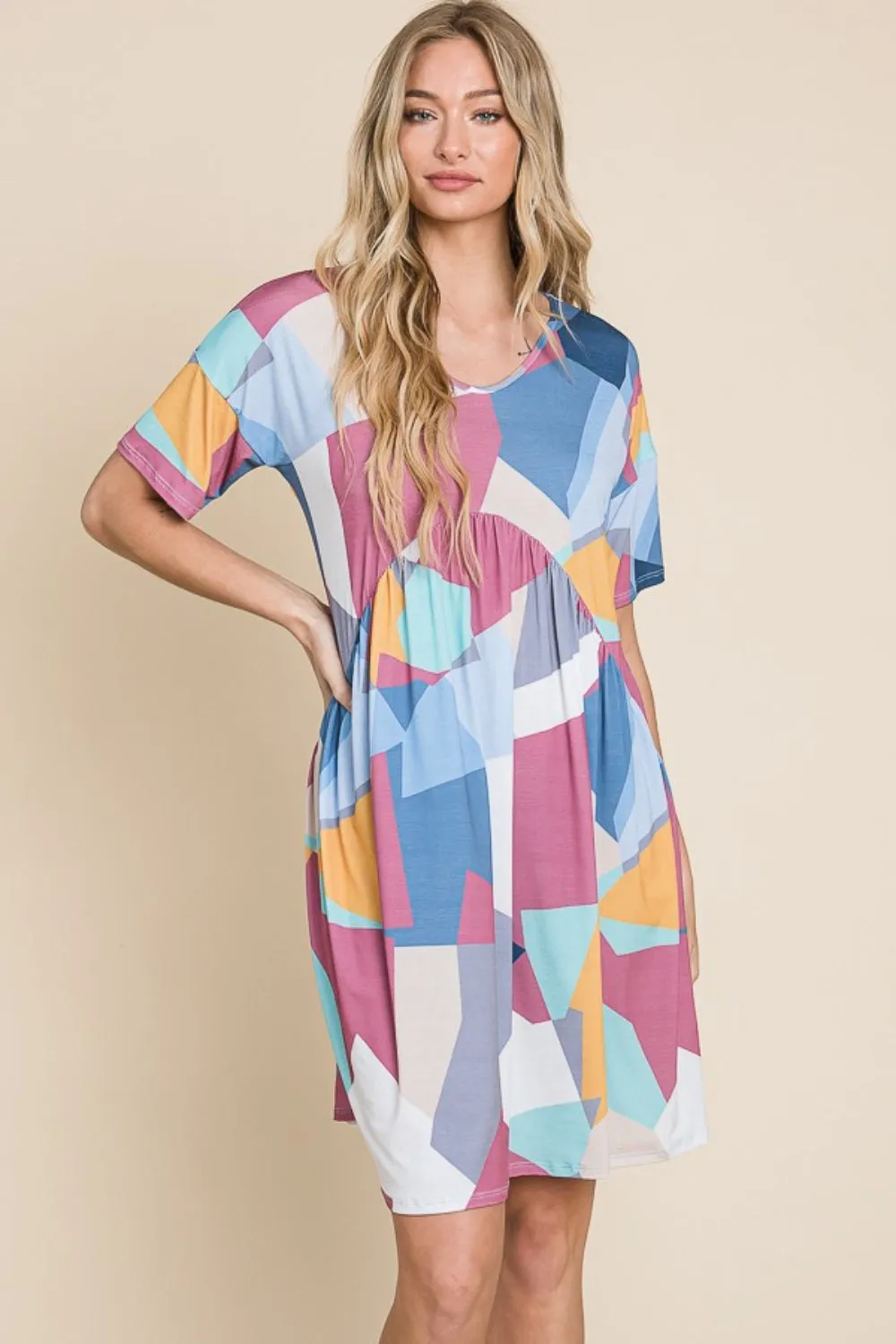 Blue Zone Planet |  BOMBOM Ruched Color Block Short Sleeve Dress