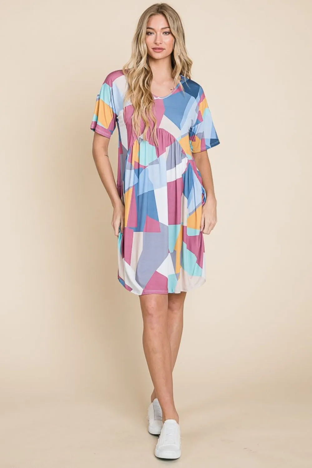 Blue Zone Planet |  BOMBOM Ruched Color Block Short Sleeve Dress
