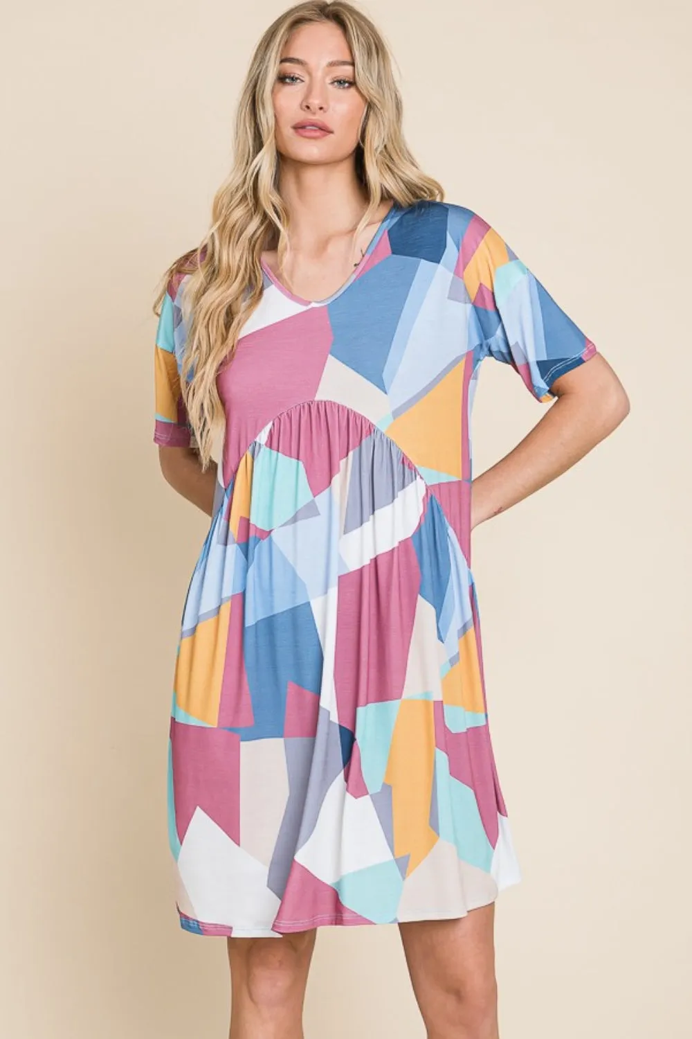 Blue Zone Planet |  BOMBOM Ruched Color Block Short Sleeve Dress