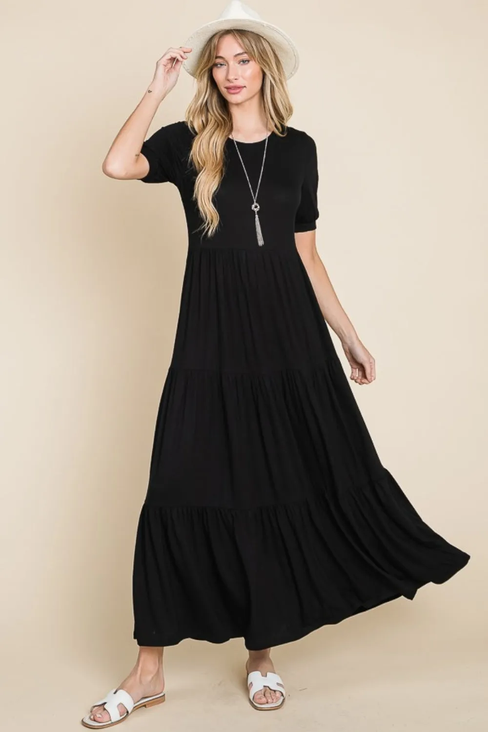 Blue Zone Planet |  BOMBOM Short Sleeve Tiered Maxi Dress