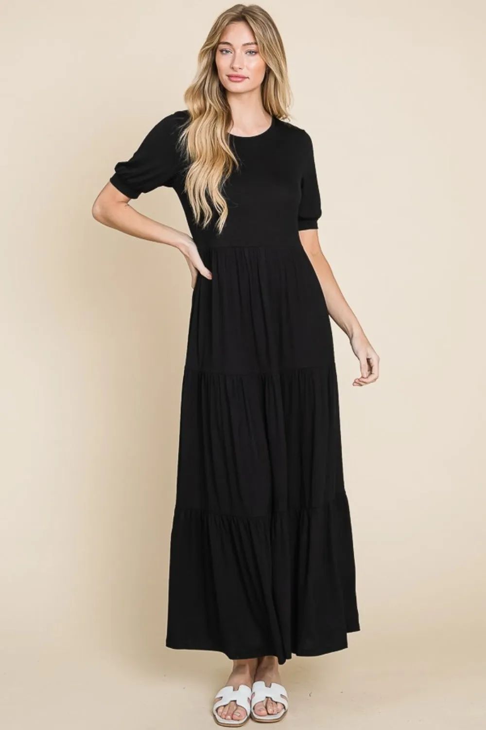 Blue Zone Planet |  BOMBOM Short Sleeve Tiered Maxi Dress