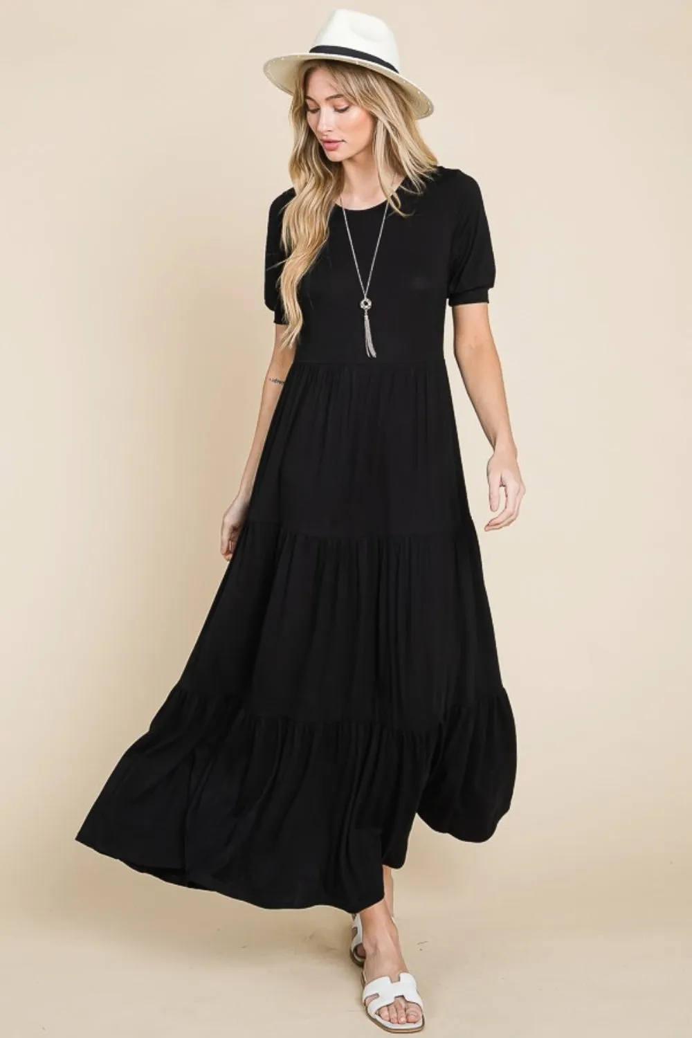 Blue Zone Planet |  BOMBOM Short Sleeve Tiered Maxi Dress