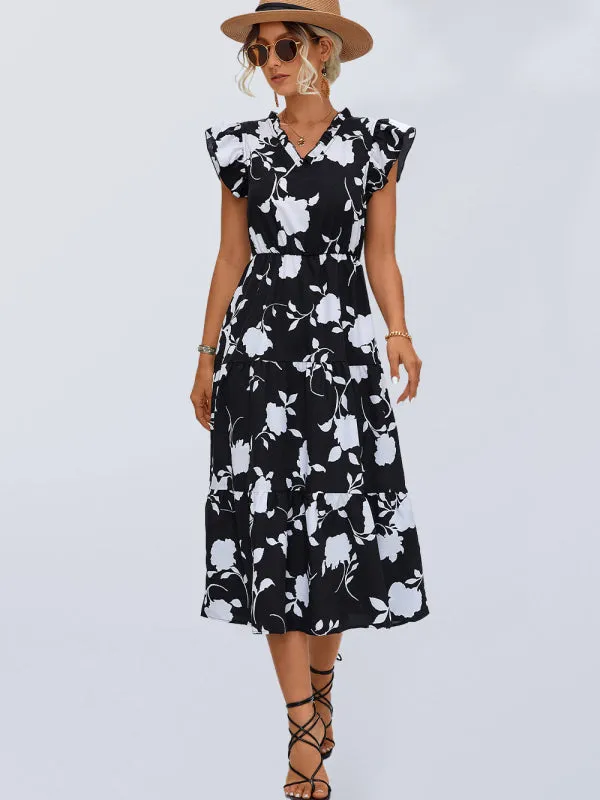 Blue Zone Planet |  Floral V-neck Printed Flying Sleeve Dress