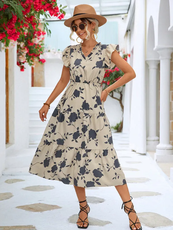 Blue Zone Planet |  Floral V-neck Printed Flying Sleeve Dress
