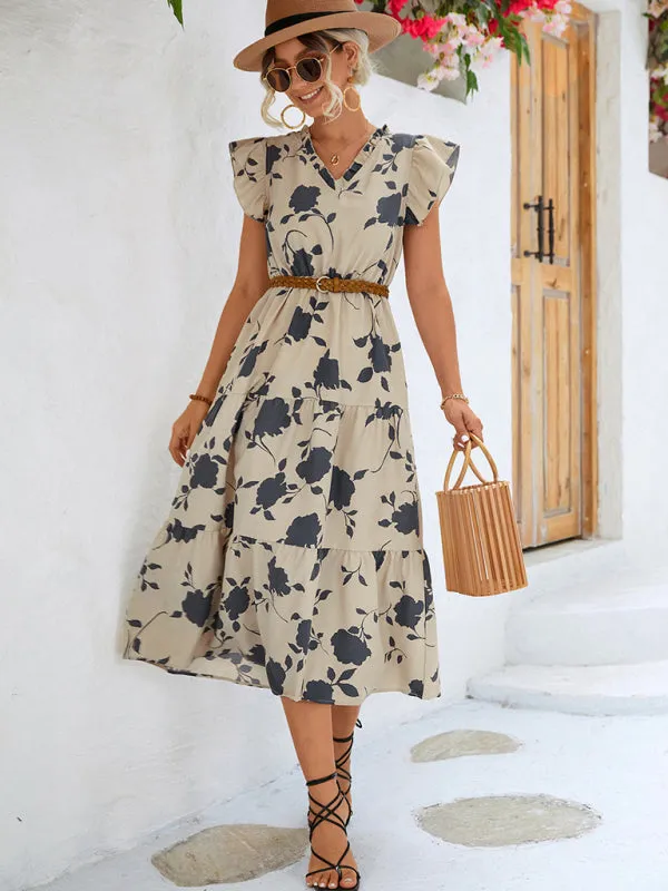 Blue Zone Planet |  Floral V-neck Printed Flying Sleeve Dress