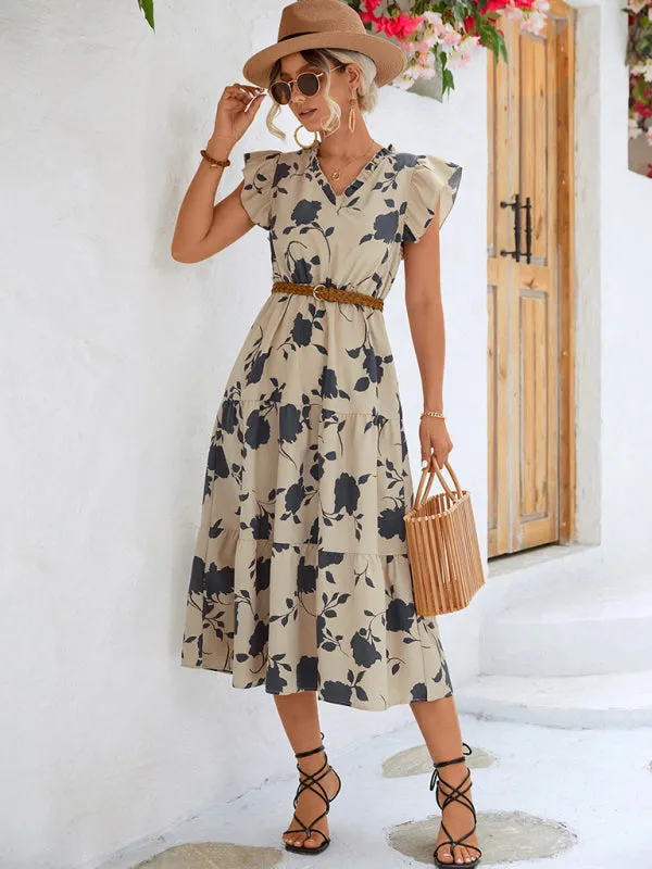 Blue Zone Planet |  Floral V-neck Printed Flying Sleeve Dress