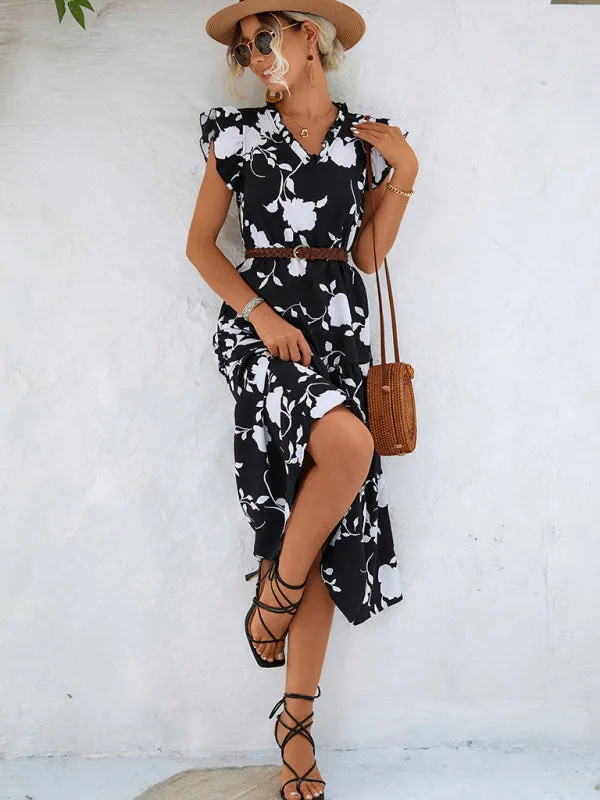 Blue Zone Planet |  Floral V-neck Printed Flying Sleeve Dress