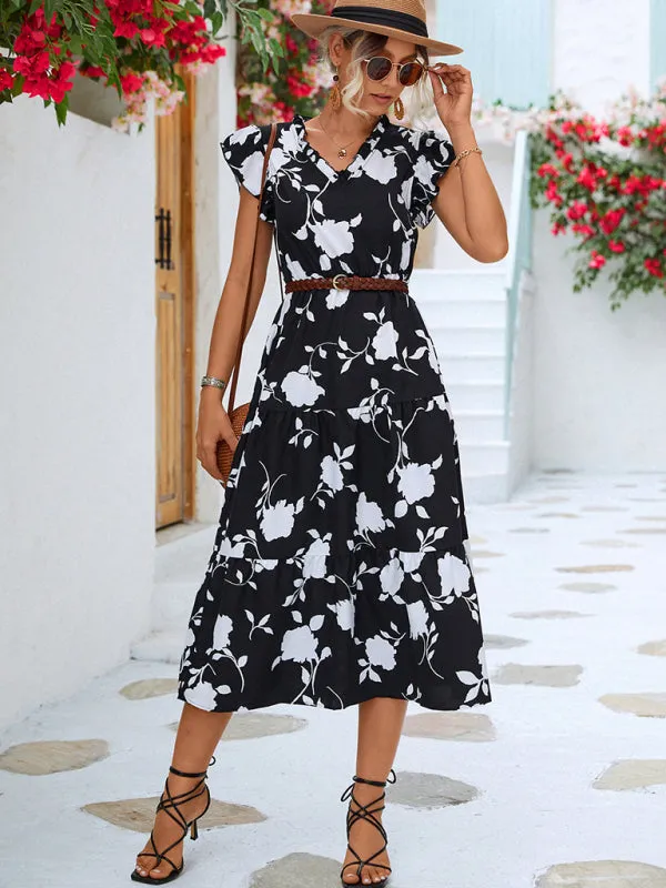 Blue Zone Planet |  Floral V-neck Printed Flying Sleeve Dress