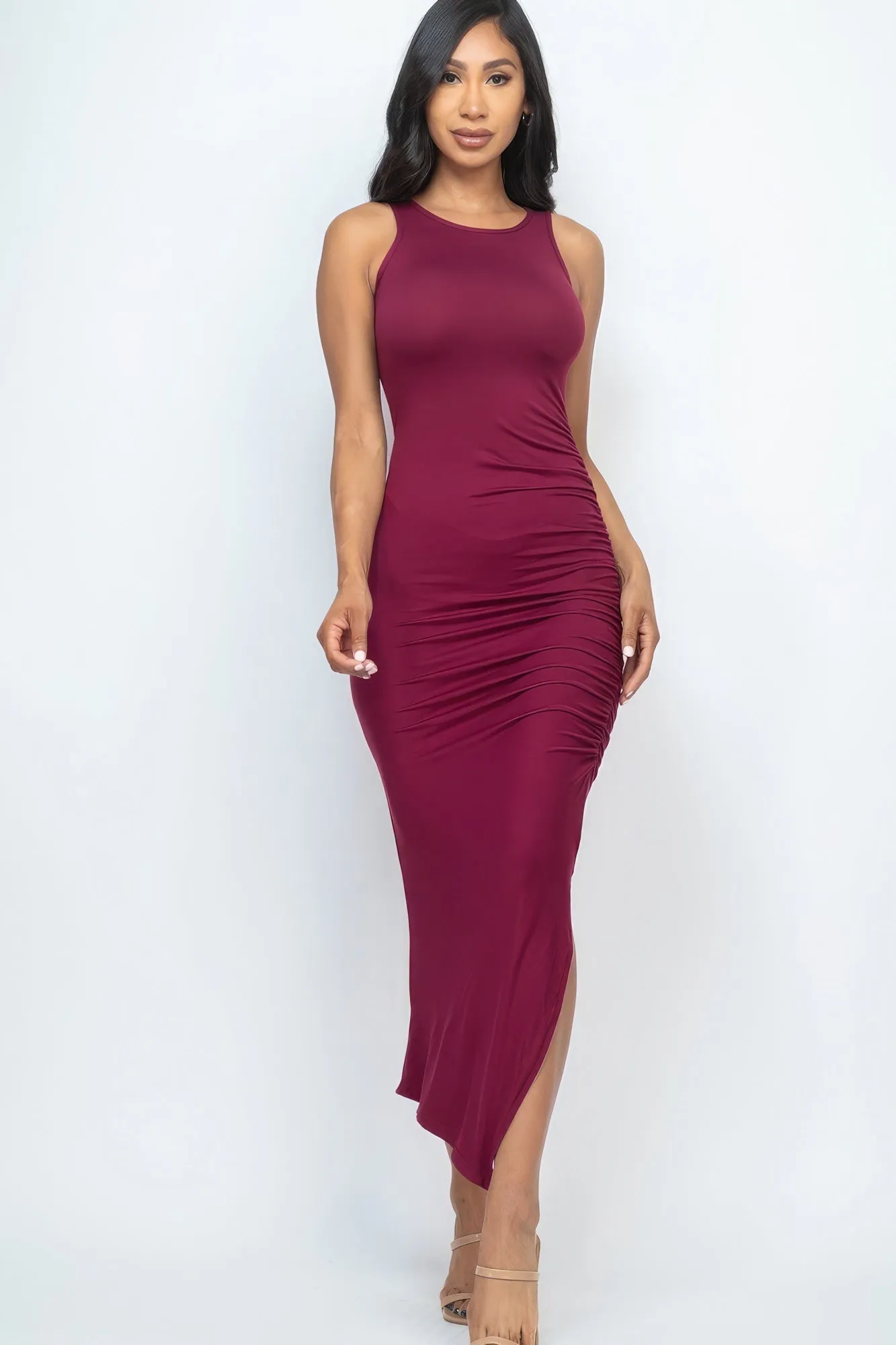Blue Zone Planet |  Gina's Sleeveless Ruched Side Split Bodycon Maxi Dress