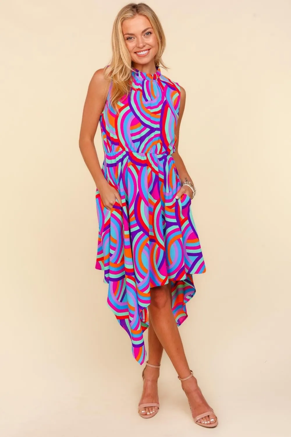 Blue Zone Planet |  Haptics Full Size Mock Neck Sleeveless Printed Dress