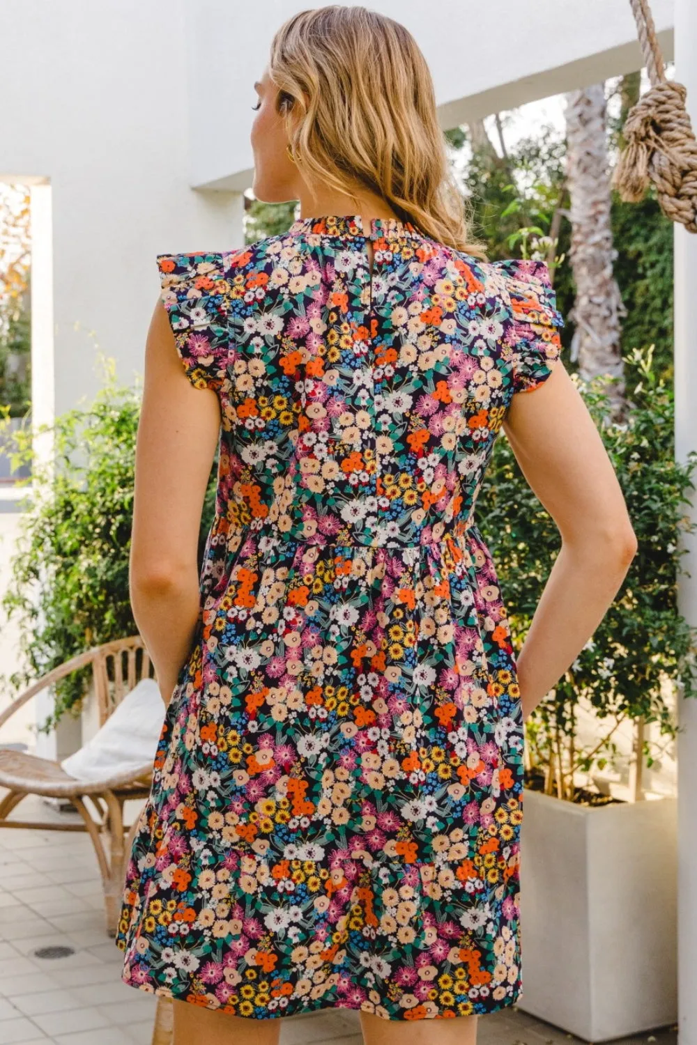 Blue Zone Planet |  ODDI Full Size Floral Ruffled Cap Sleeve Mini Dress