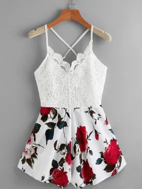 Boho Floral Tie Back Sleeveless Spaghetti Strap High Waist Short Women Jumpsuits