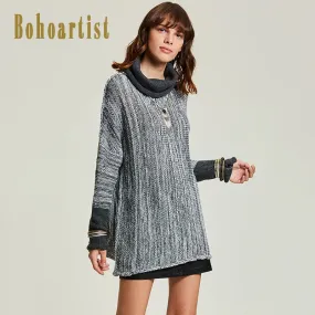 Bohoartist Women Loose Sweater Patchwork Turtleneck Batwing Sleeve Pullover Sweater Ladies Casual Boho Long Knitted Sweaters New